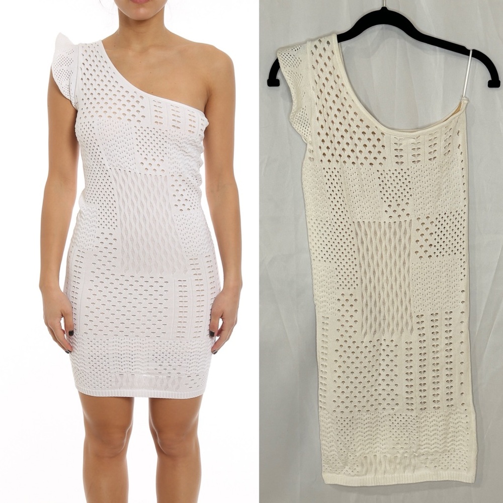Pinko Alcira Crochet White One Shoulder Knit Mini Dress